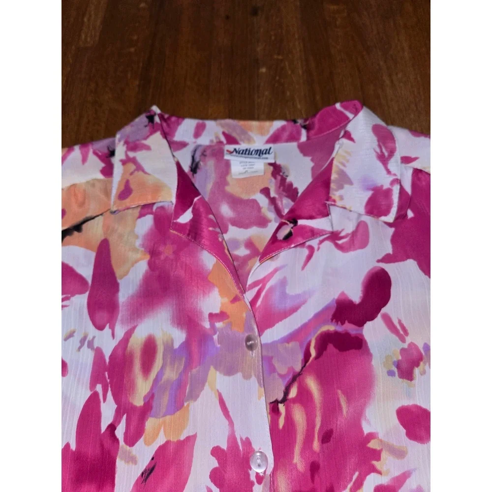National Women XL Pink Orange Floral Spring Summer Button Down Short Sleeve Top - Picture 4 of 11